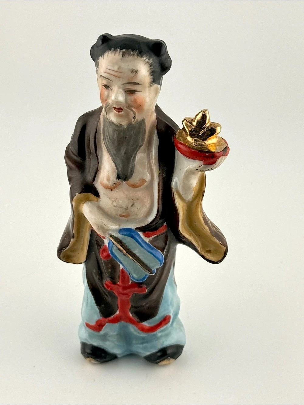Vintage Asian Porcelain Hand Painted Wise Man Figure Holding Fan 5.5"